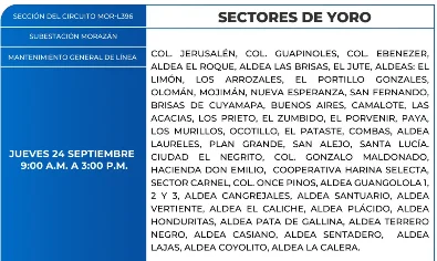 Foto Zonas en Yoro que estarán sin energía eléctrica este jueves 24 de septiembre, según la ENEE.