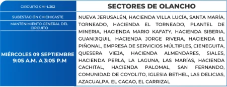 Foto de las Zonas de Olancho que estarán sin energía este miércoles 9 de septiembre, según la ENEE.