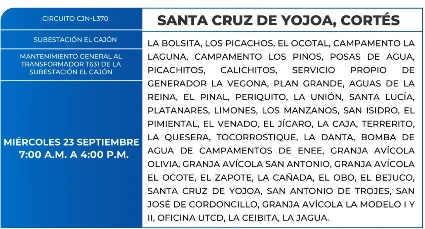Foto de las Zonas de Santa Cruz de Yojoa, Cortés que estarán sin energía eléctrica este miércoles 23 de septiembre, según la ENEE.