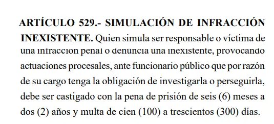 Código Penal sobre el delito de simulación de infracción inexistente