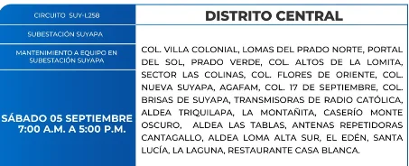 Foto de las Zonas de el Distrito Central que estarán sin energía este sábado 5 de septiembre, según la ENEE.