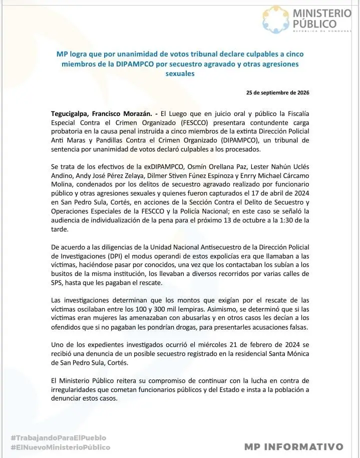 Publicación del MP sobre condena a exagentes Dipampco 
