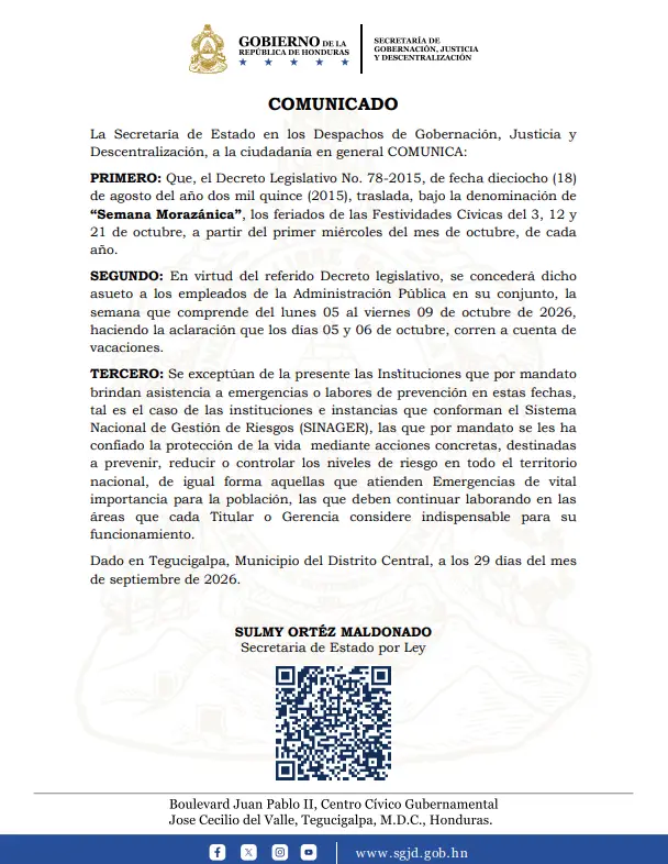 Comunicado de Gobernación y Justicia sobre el Feriado Morazánico