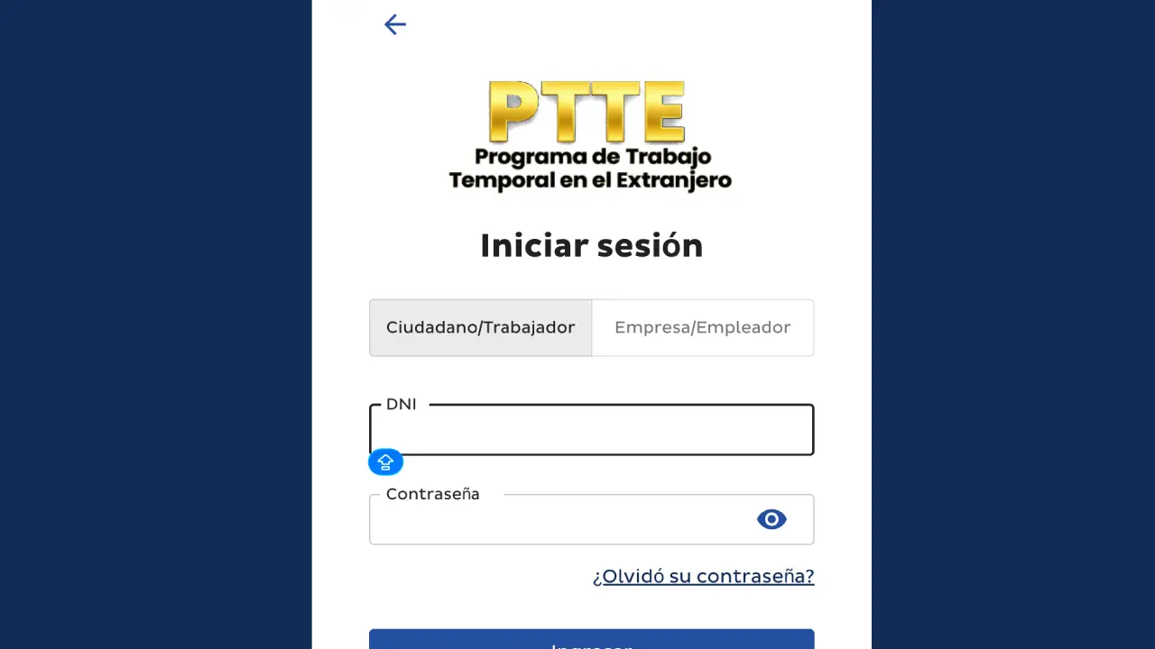 Imagen del inicio de sesión para inscribirse al PTTE.