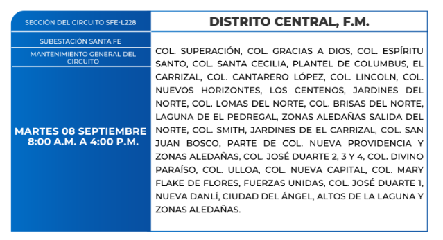 Zonas sin energía eléctrica este 8 de septiembre
