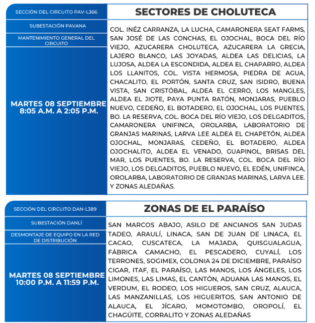 Zonas sin energía eléctrica este 8 de septiembre