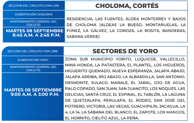 Zonas sin energía eléctrica este 8 de septiembre