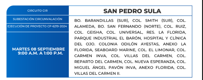 Zonas sin energía eléctrica este 8 de septiembre