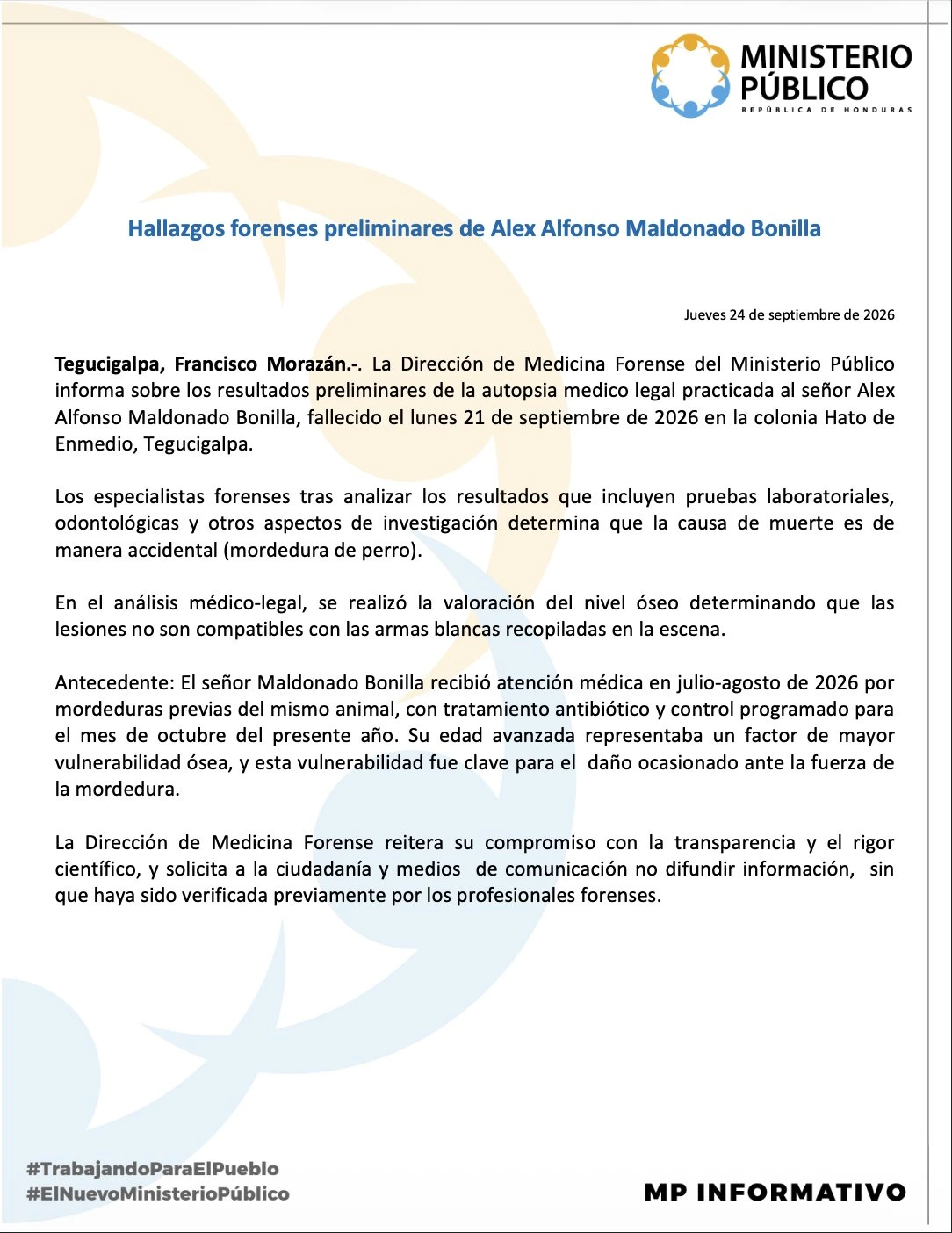 Informe emitido por el Ministerio Público sobre la muerte de Alex Maldonado.