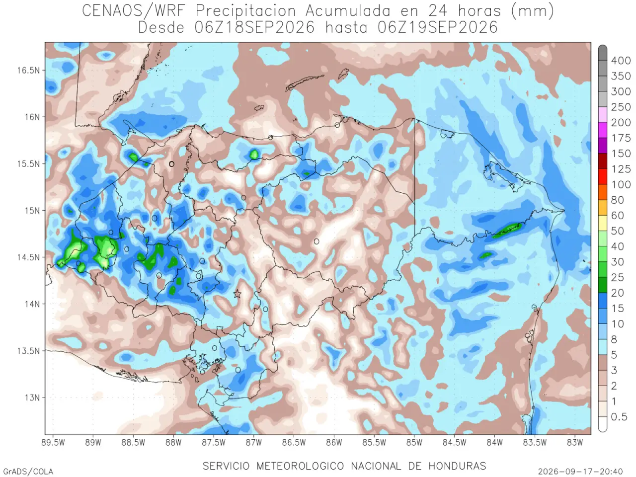 Mapa de estimación de lluvia en Honduras