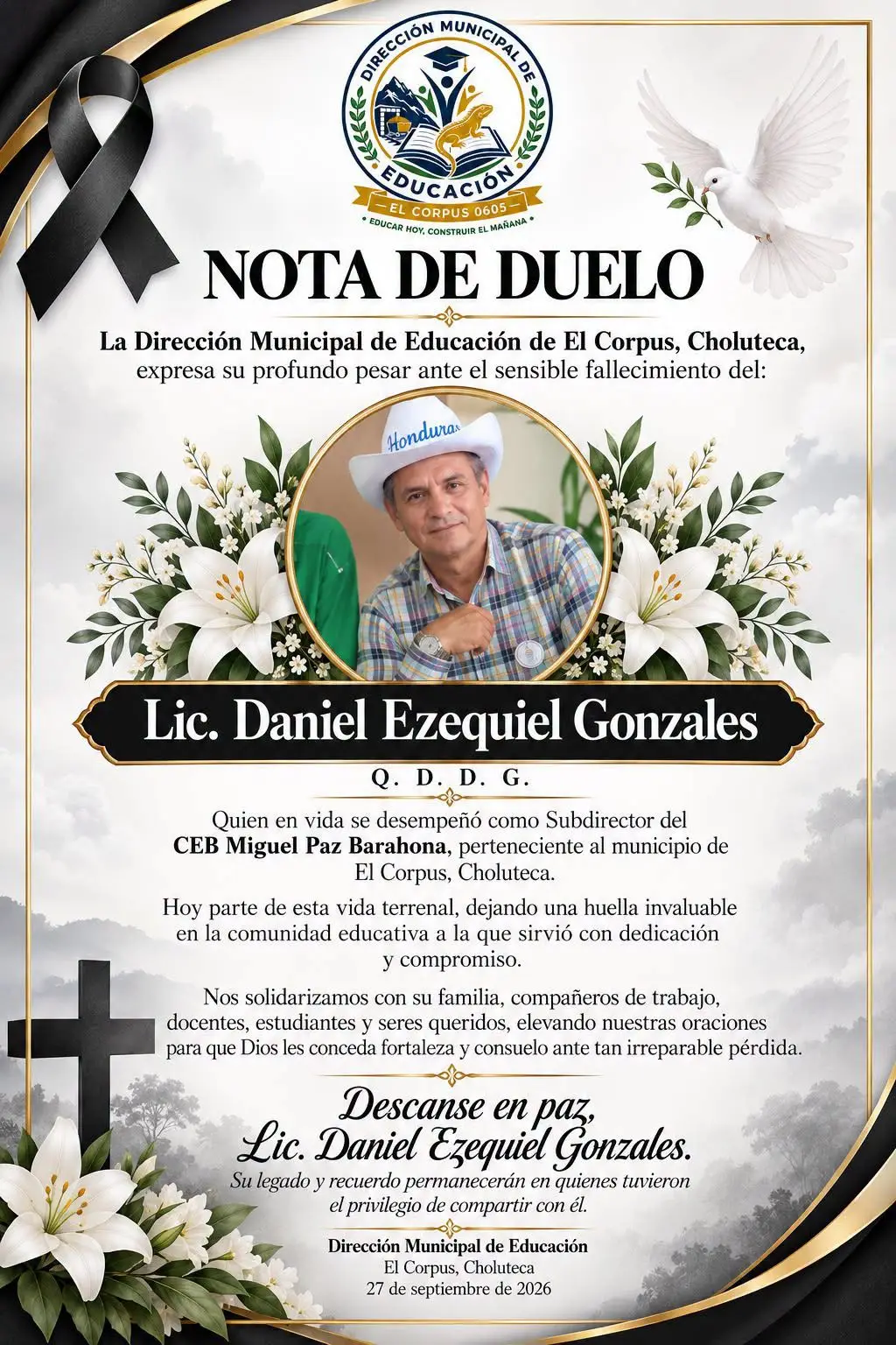 Nota de duelo por la muerte del profesor Daniel Gonzáles