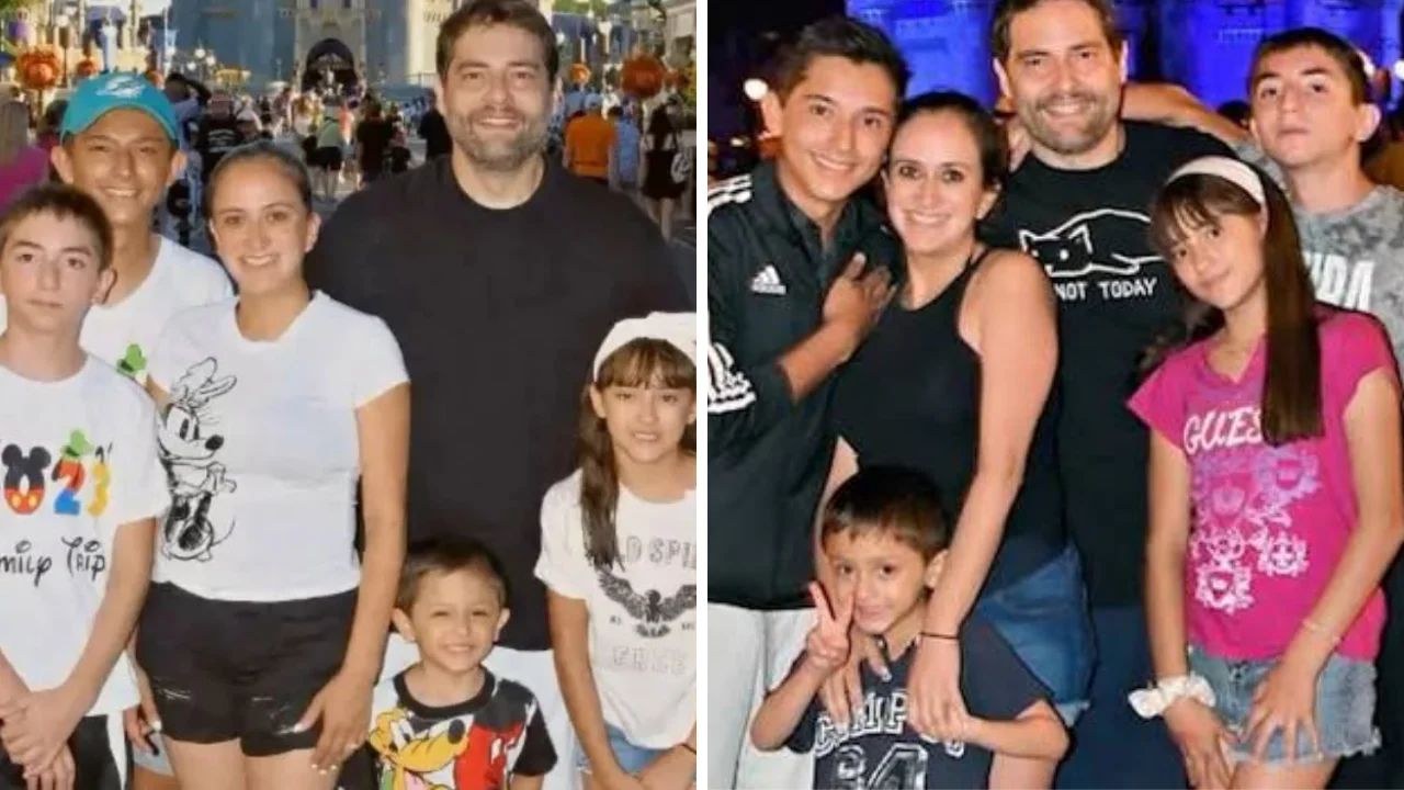 Collage de fotos deMemo Schutz junto a su esposa e hijos