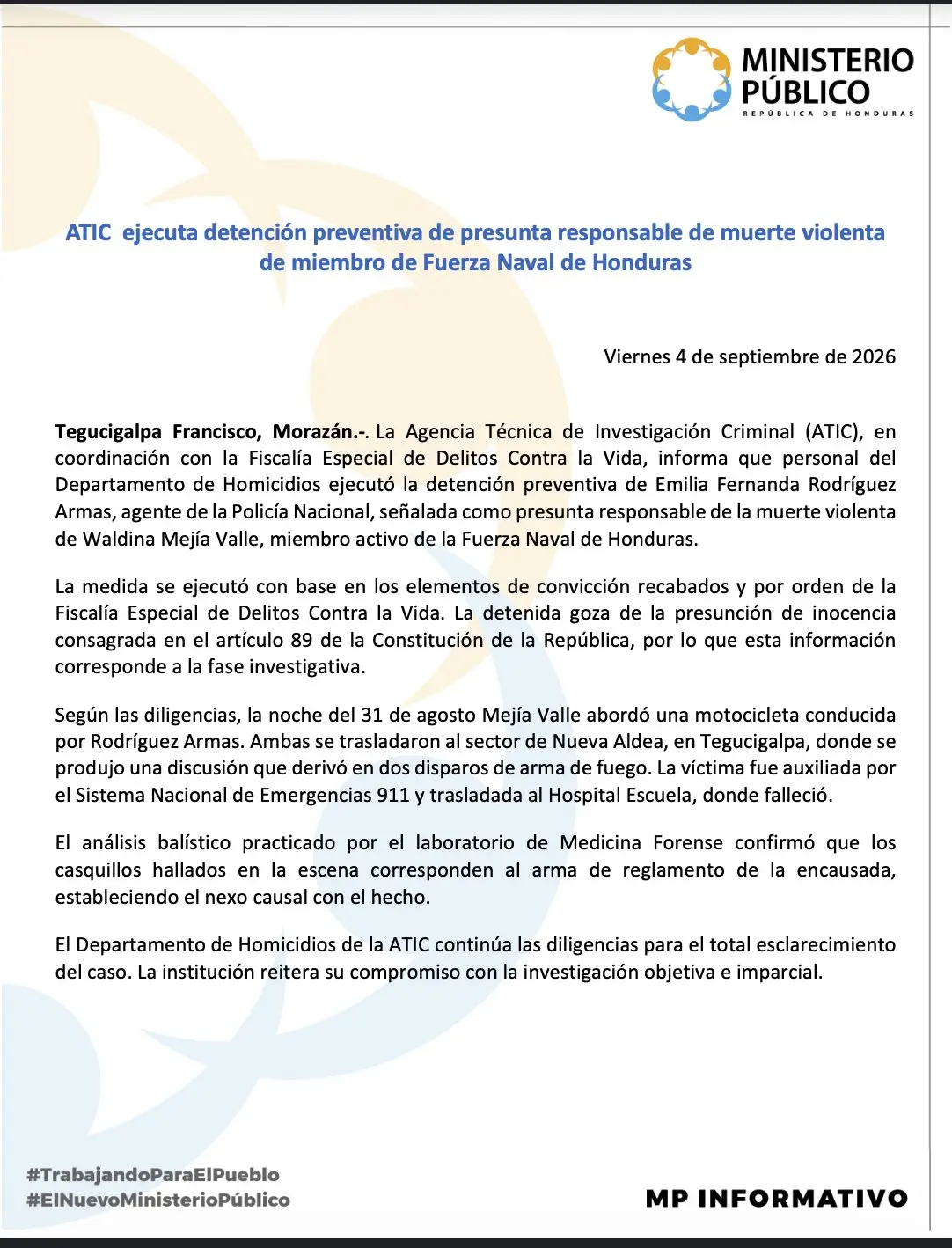 Comunicado del Ministerio Público