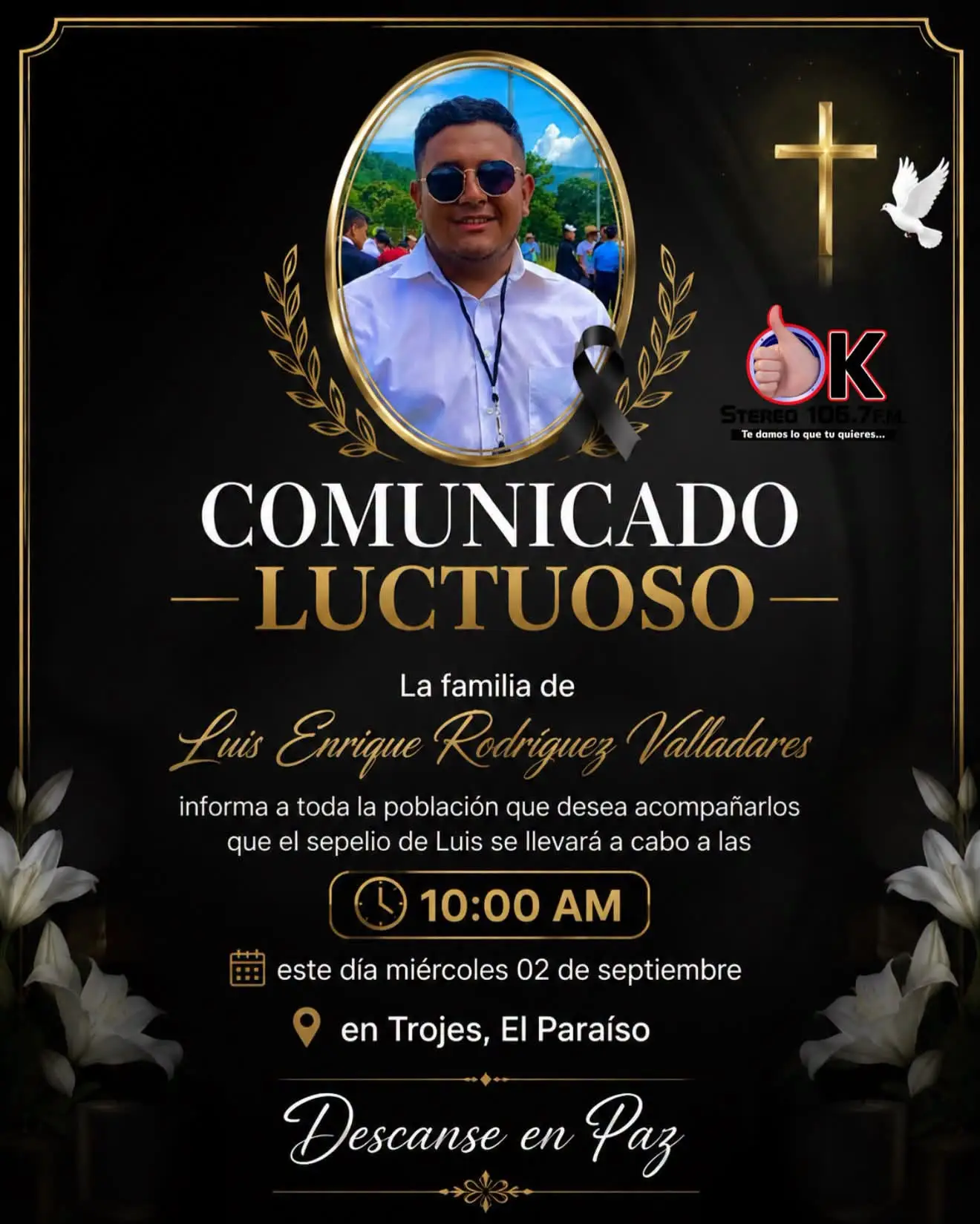 Nota de duelo por el crimen del joven
