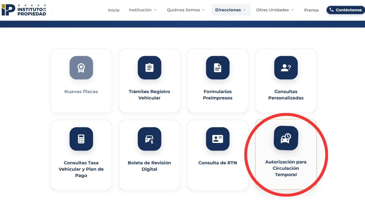 Página web del IP para solicitar el permiso de circulación sin placas.