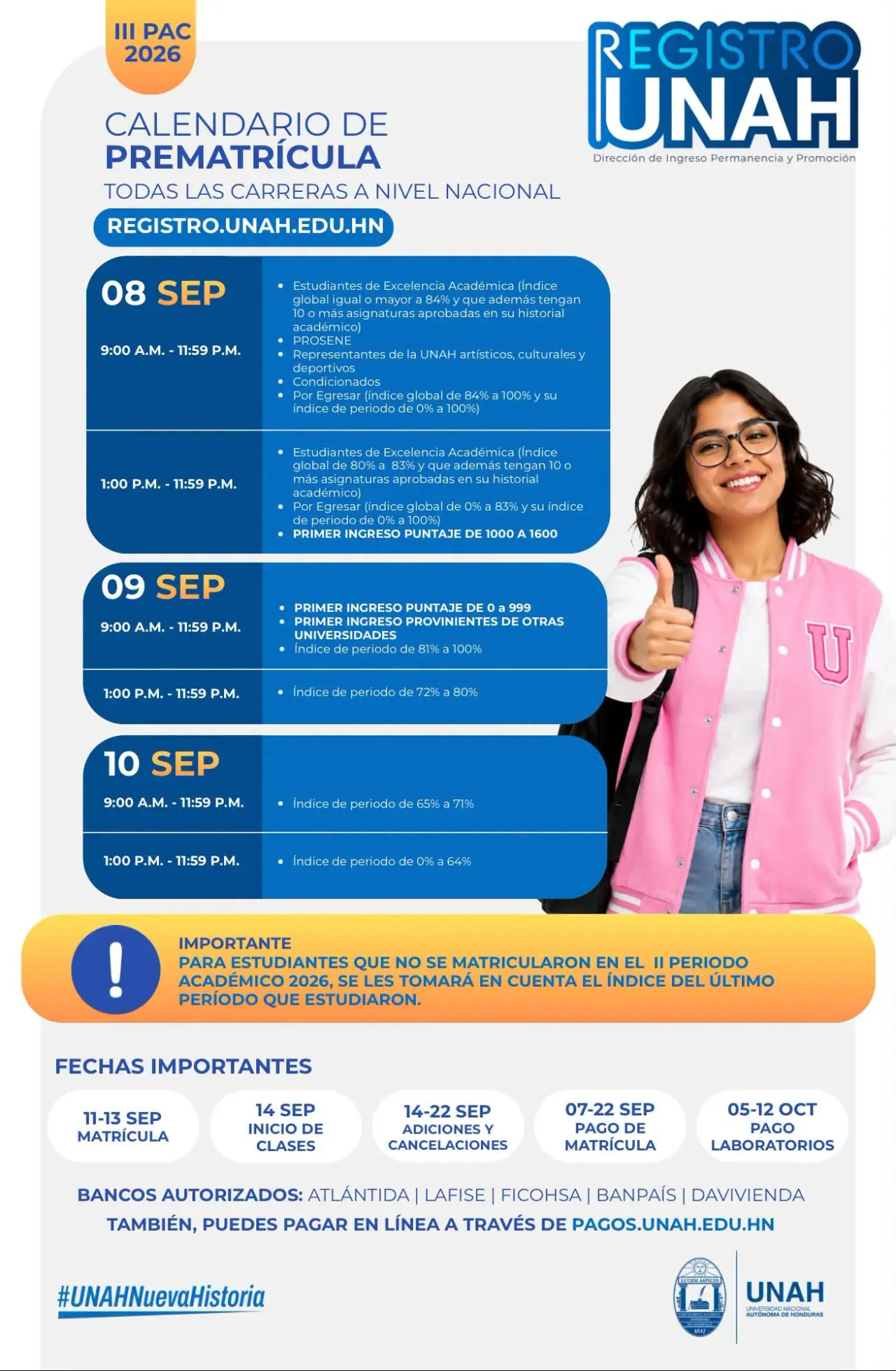 Calendario de prematrícula en la UNAH
