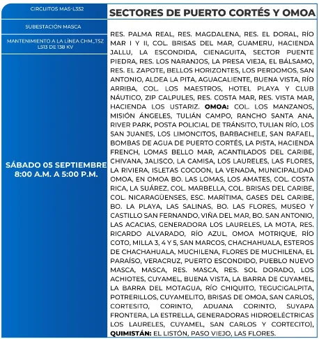 Foto de las Zonas de Puerto Cortés y Omoa que estarán sin energía este sábado 5 de septiembre, según la ENEE.