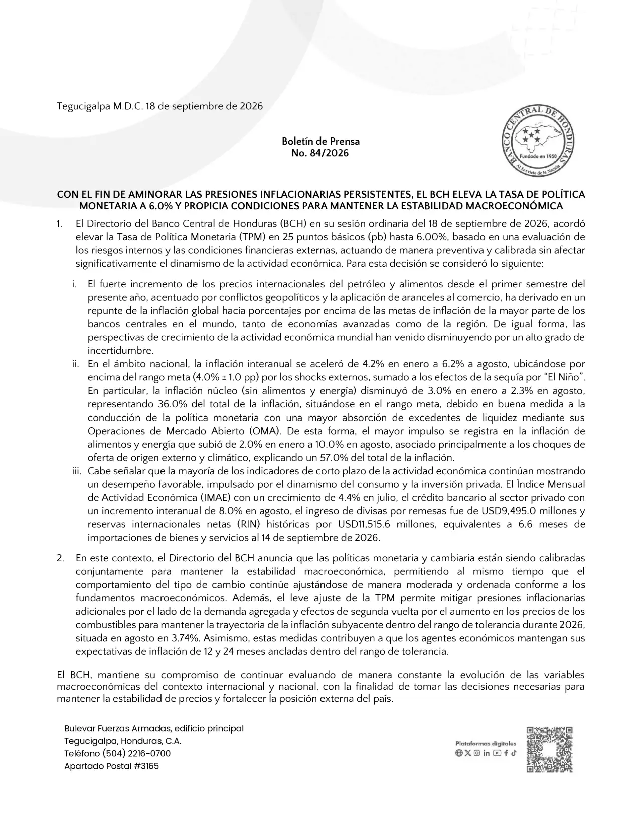 Publicación del BCH sobre aumento de la TPM