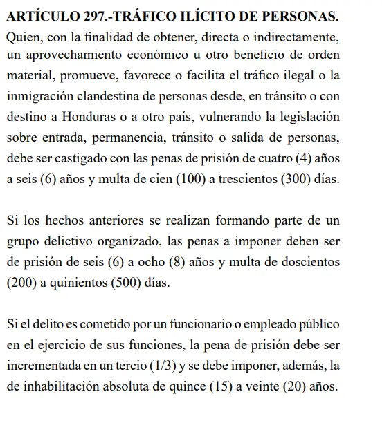 Código Penal sobre el delito de tráfico ilícito de personas en Honduras