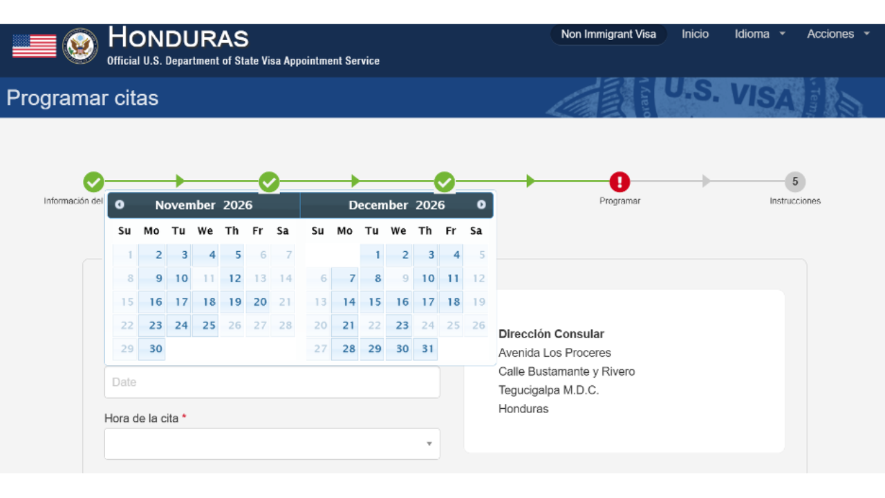 Calendario de fechas disponibles para solicitar visa americana.