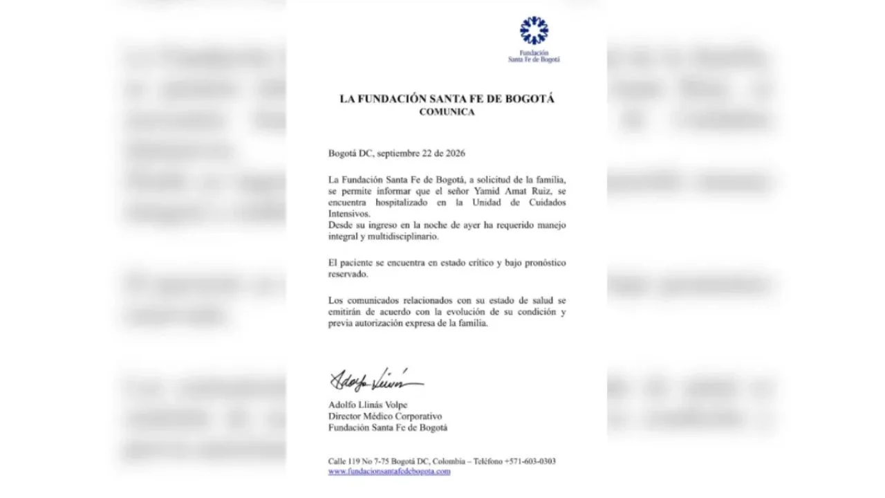 Comunicado de la Fundación Santa Fe sobre el estado de salud de Yamid Amat.