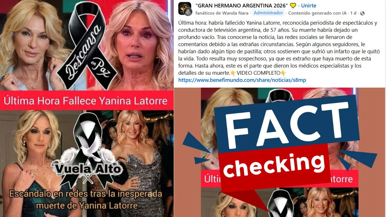 Publicación en Facebook sobre la noticia falsa de la muerte de Yanina Latorre.