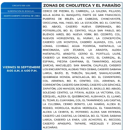 Foto de las Zonas de Choluteca y El Paraíso estarán sin energía este viernes 18 de septiembre, según la ENEE.
