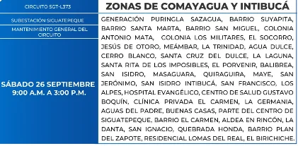 Foto de las Zonas de Comayagua e Intibucá que estarán sin energía eléctrica este sábado 26 de septiembre, según la ENEE.