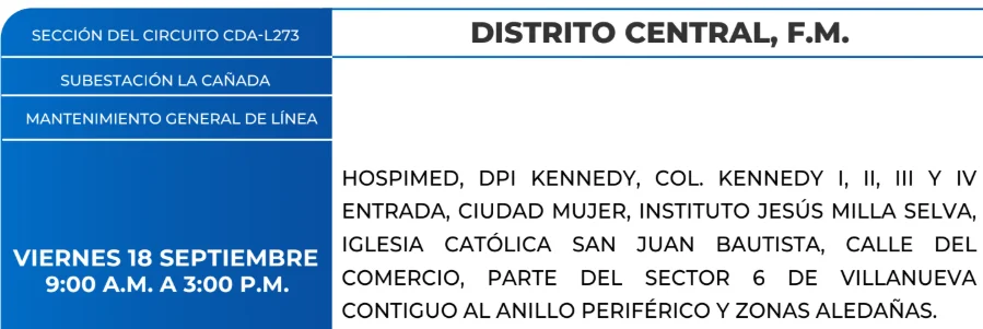 Foto de las Zonas de el Distrito Central estarán sin energía este viernes 18 de septiembre, según la ENEE.