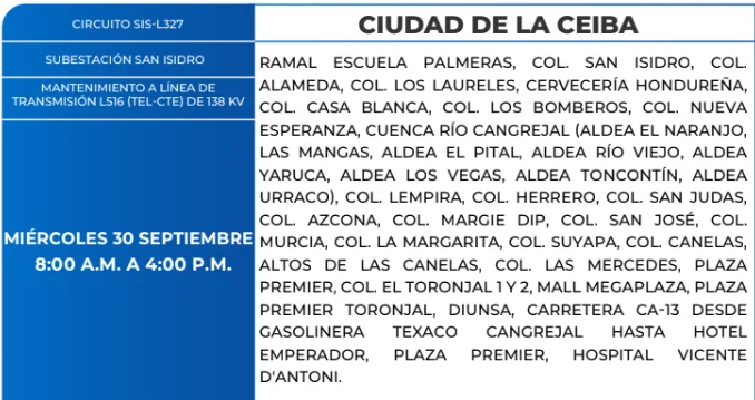 Foto de las Zonas de La Ceiba estarán sin energía este miércoles 30 de septiembre, según la ENEE.