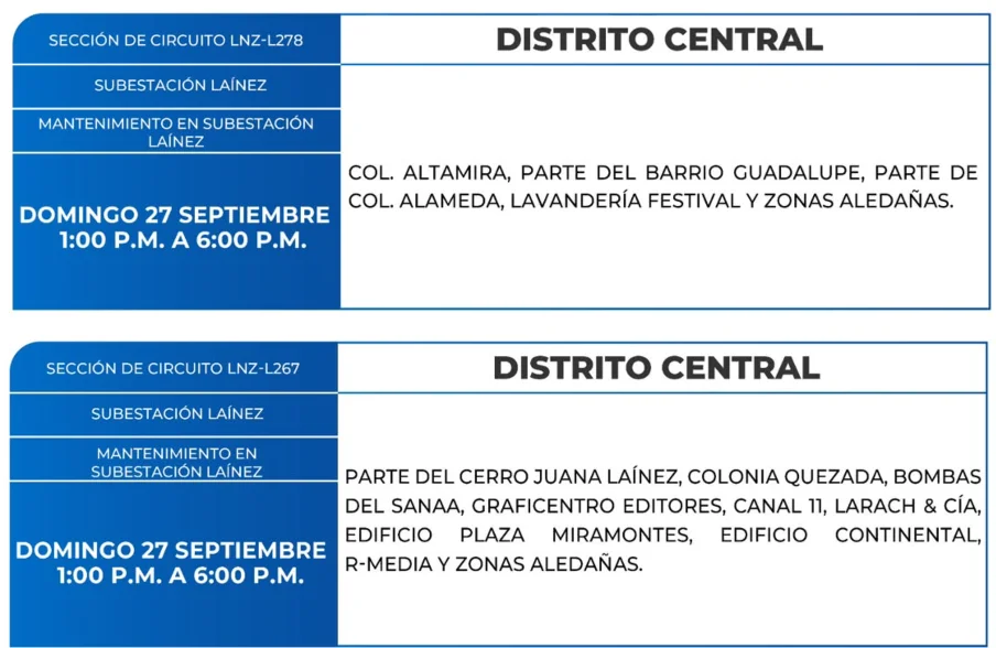 Zonas en el Distrito Central que estarán sin energía electrica este domingo 27 de septiembre, según la ENEE