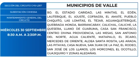 Foto de las Zonas de Valle estarán sin energía este miércoles 30 de septiembre, según la ENEE.