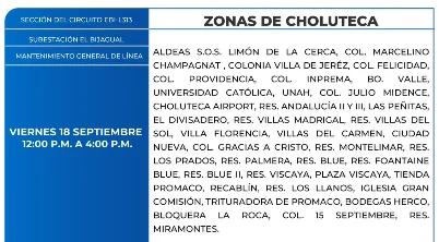 Foto de las Zonas de Choluteca estarán sin energía este viernes 18 de septiembre, según la ENEE.