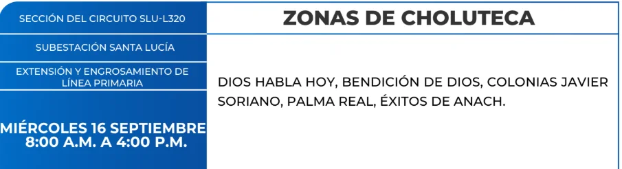 Foto de las Zonas de Choluteca estarán sin energía eléctrica para este miércoles 16 de septiembre, según la ENEE.
