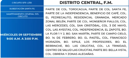 Foto de las Zonas de el Distrito Central que estarán sin energía este miércoles 9 de septiembre, según la ENEE.