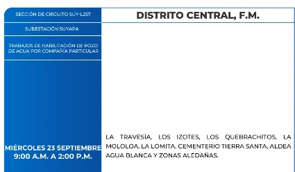 Foto de las Zonas de el Distrito Central que estarán sin energía eléctrica este miércoles 23 de septiembre, según la ENEE.