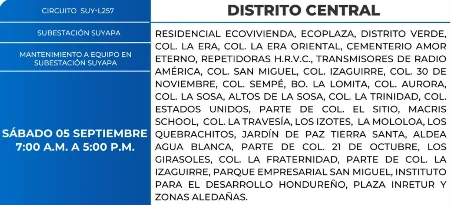 Foto de las Zonas de el Distrito Central que estarán sin energía este sábado 5 de septiembre, según la ENEE.