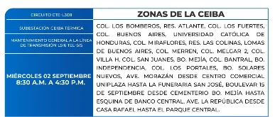 Foto de las Zonas de La Ceiba que estarán sin energía este miércoles 2 de septiembre, según la ENEE.