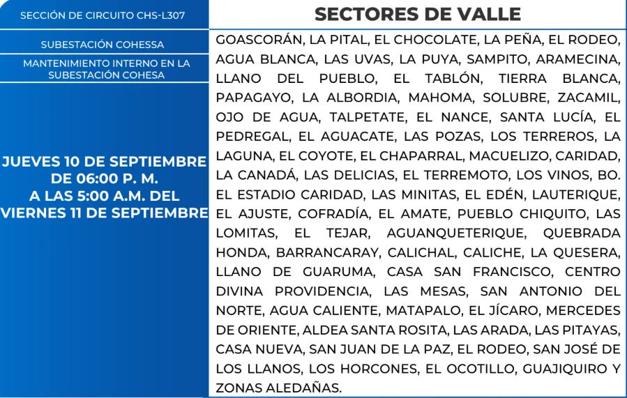 Foto de las Zonas de Valle que estarán sin energía este jueves 10 de septiembre, según la ENEE.