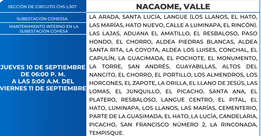 Foto de las Zonas de Valle que estarán sin energía este viernes 11 de septiembre, según la ENEE.