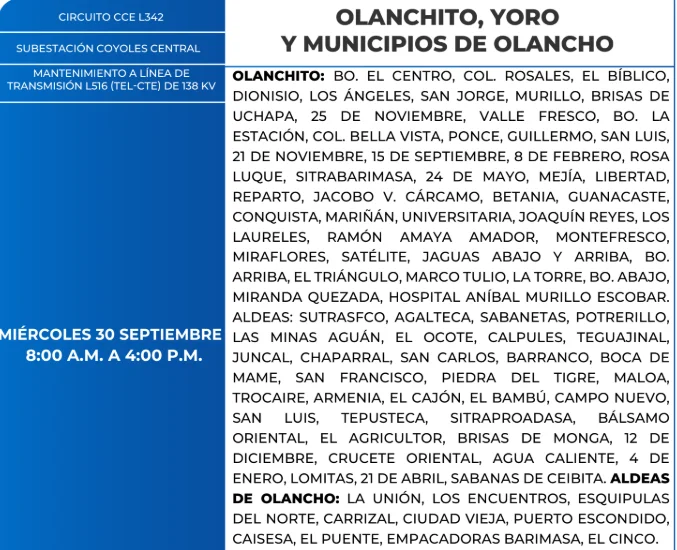 Foto de las Zonas de Olanchito, Yoro y municipios de Olancho estarán sin energía este miércoles 30 de septiembre, según la ENEE.