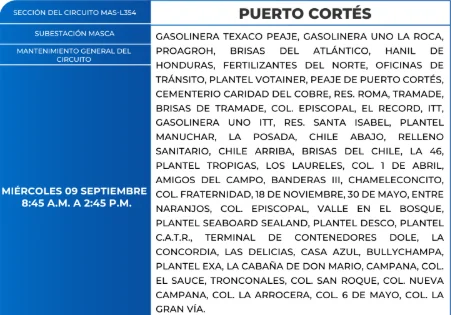 Foto de las Zonas de Puerto Cortés que estarán sin energía este miércoles 9 de septiembre, según la ENEE.