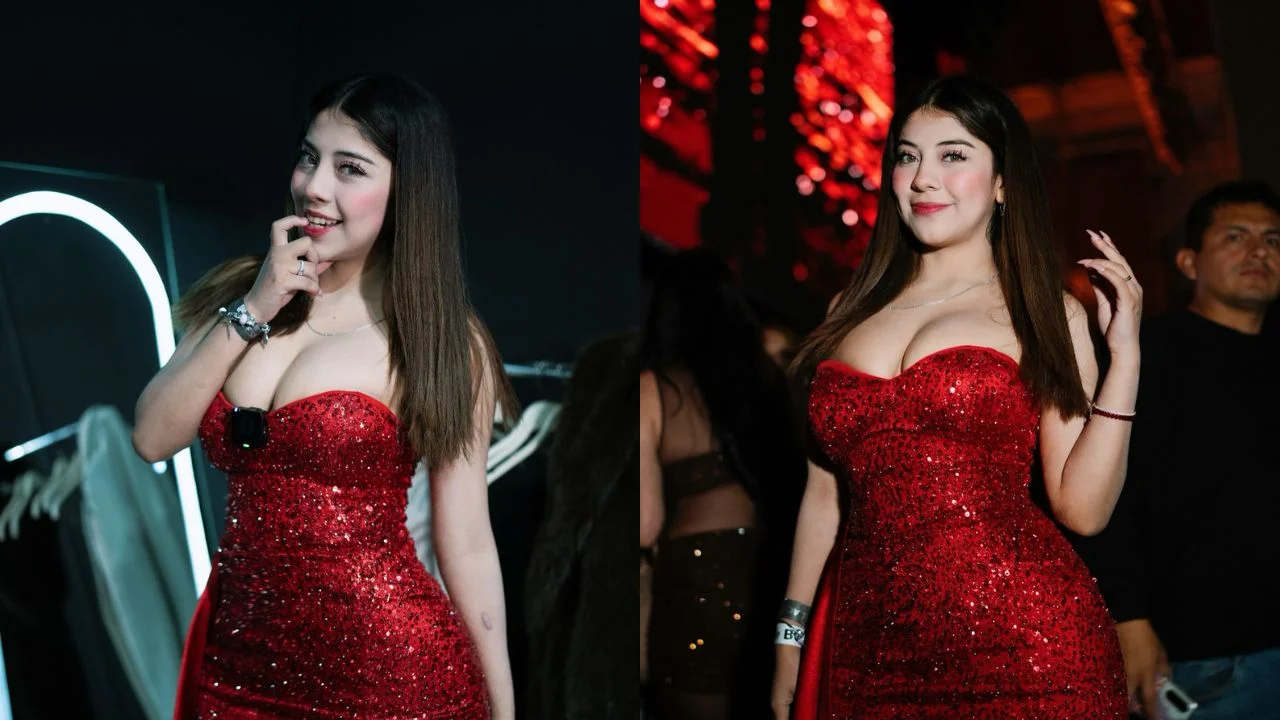 Fotografías de Zully con un vestido rojo