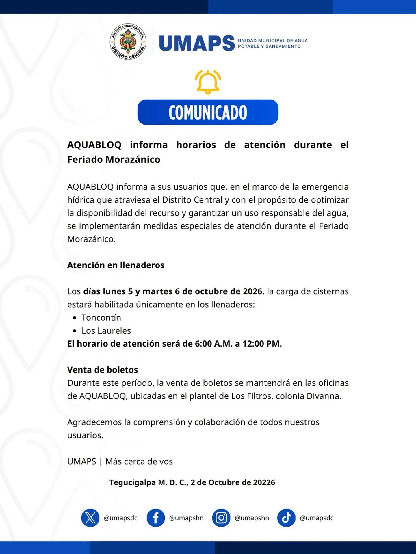 Comunicado sobre el horario de AQUABLOQ.