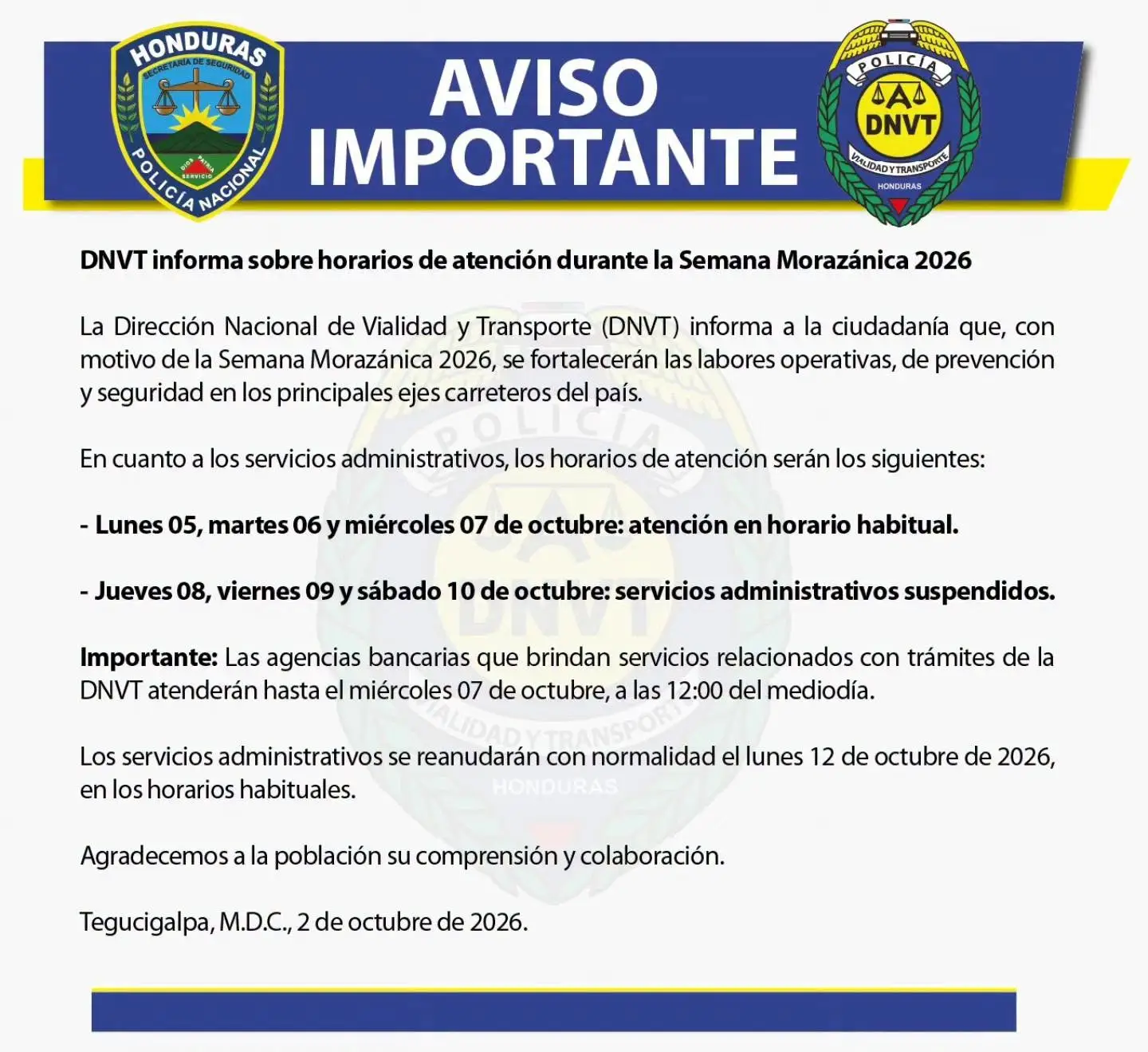 Anuncio de la DNVT sobre atenciones durante Semana Morazánica