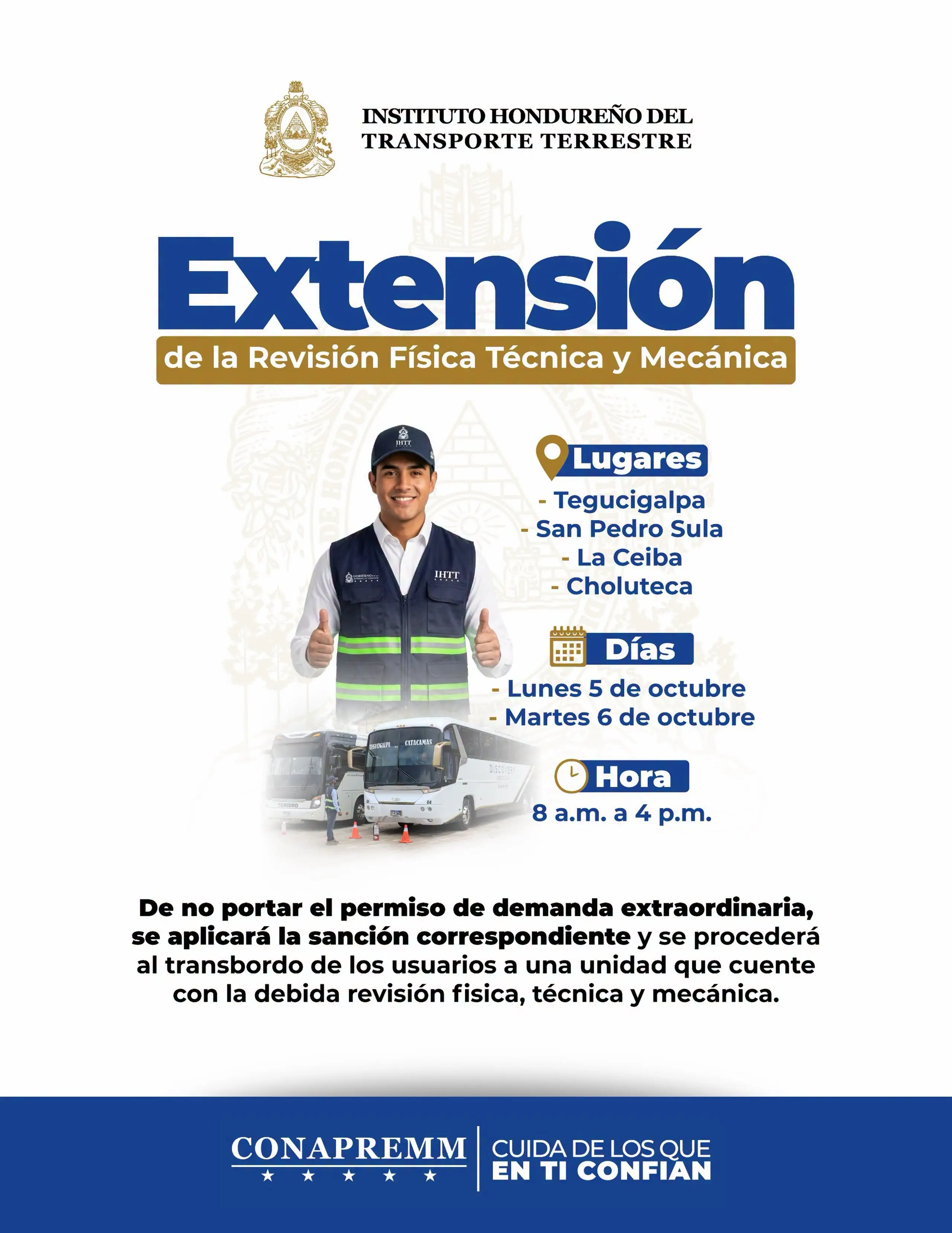 Anuncio del IHTT sobre revisión de transporte durante Semana Morazánica