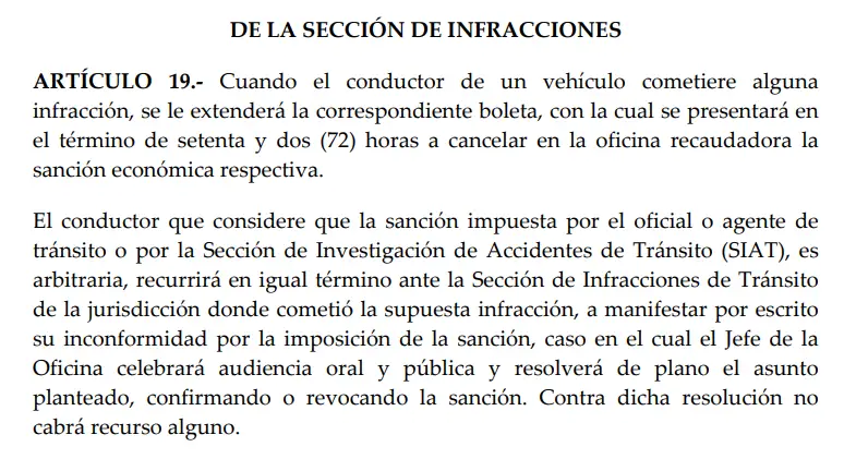 Ley de Tránsito artículo 19