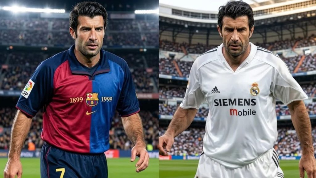 Luis Figo con camisa del Barcelona y Real Madrid.