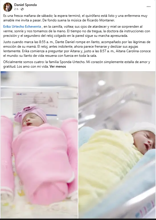 Publicación en Facebook de Daniel Esponda confirmando el nacimiento de sus gemelos