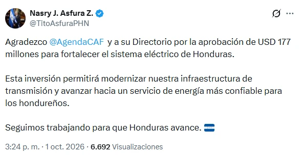 Publicación del presidente Asfura al anuncio de la CAF